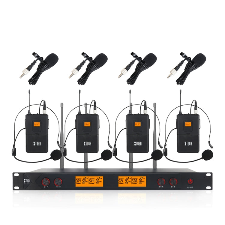 XTUGA A400-B Professional 4-Channel UHF Wireless Microphone System with 4 BodyPack Lavalier Headset Microphone(EU Plug) - Microphone by XTUGA | Online Shopping South Africa | PMC Jewellery