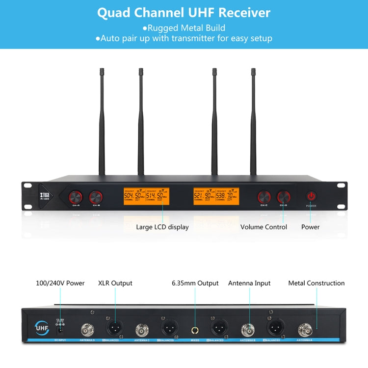 XTUGA A400-B Professional 4-Channel UHF Wireless Microphone System with 4 BodyPack Lavalier Headset Microphone(EU Plug) - Microphone by XTUGA | Online Shopping South Africa | PMC Jewellery