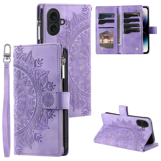 For iPhone 16 Plus Multi-Card Totem Zipper Leather Phone Case(Purple) - iPhone 16 Plus Cases by PMC Jewellery | Online Shopping South Africa | PMC Jewellery | Buy Now Pay Later Mobicred