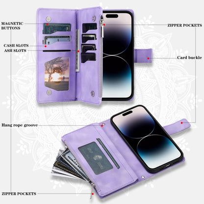 For iPhone 16 Plus Multi-Card Totem Zipper Leather Phone Case(Purple) - iPhone 16 Plus Cases by PMC Jewellery | Online Shopping South Africa | PMC Jewellery | Buy Now Pay Later Mobicred