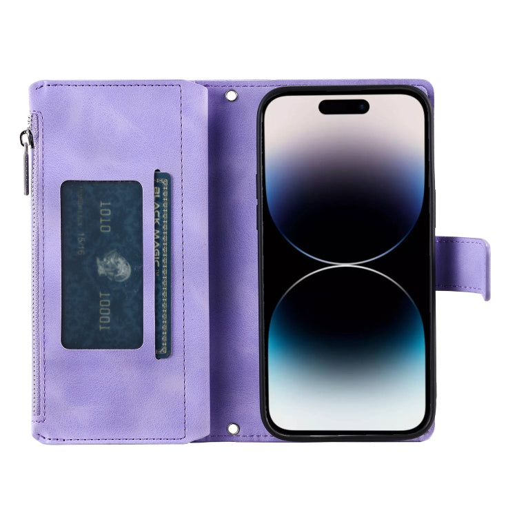 For iPhone 16 Plus Multi-Card Totem Zipper Leather Phone Case(Purple) - iPhone 16 Plus Cases by PMC TechLife | Online Shopping South Africa | PMC TechLife | Buy Now Pay Later Mobicred