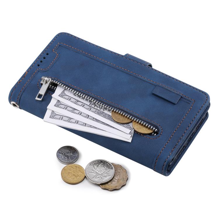 For iPhone 16e Nine Card Zipper Bag Leather Phone Case with Lanyard(Blue) - iPhone 16e Cases by PMC TechLife | Online Shopping South Africa | PMC TechLife | Buy Now Pay Later Mobicred