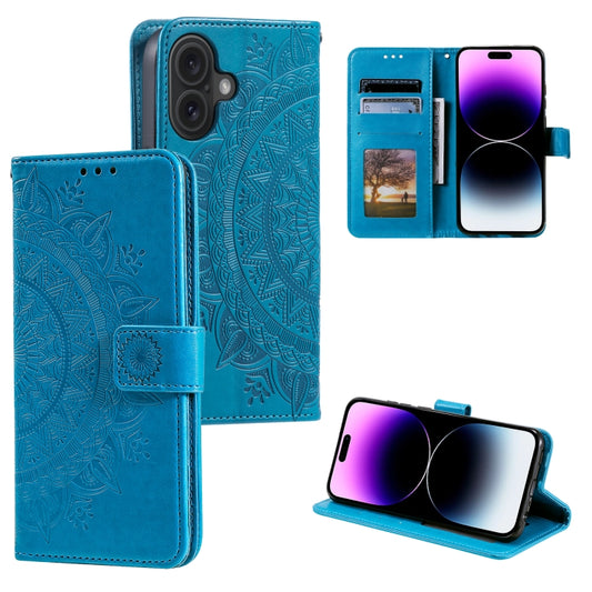 For iPhone 16 Plus Totem Flower Embossed Leather Phone Case(Blue) - iPhone 16 Plus Cases by PMC Jewellery | Online Shopping South Africa | PMC Jewellery | Buy Now Pay Later Mobicred