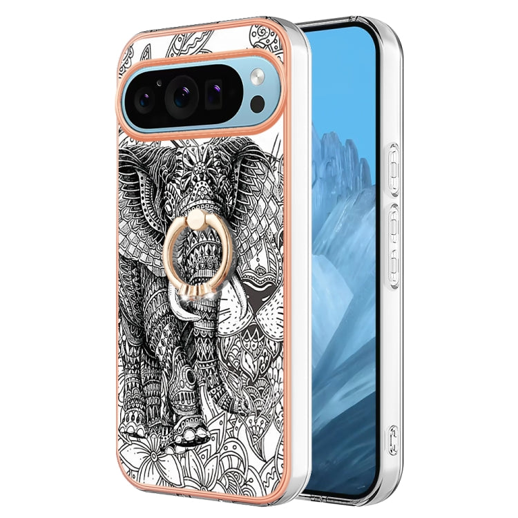 For Google Pixel 9 Pro XL Electroplating Dual-side IMD Phone Case with Ring Holder(Totem Elephant) - Google Cases by PMC Jewellery | Online Shopping South Africa | PMC Jewellery | Buy Now Pay Later Mobicred