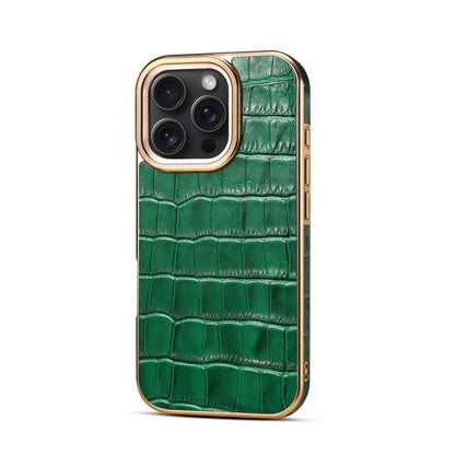 For iPhone 16 Pro Denior Crocodile Texture Genuine Leather Electroplating Phone Case(Green) - More iPhone Cases by Denior | Online Shopping South Africa | PMC Jewellery | Buy Now Pay Later Mobicred