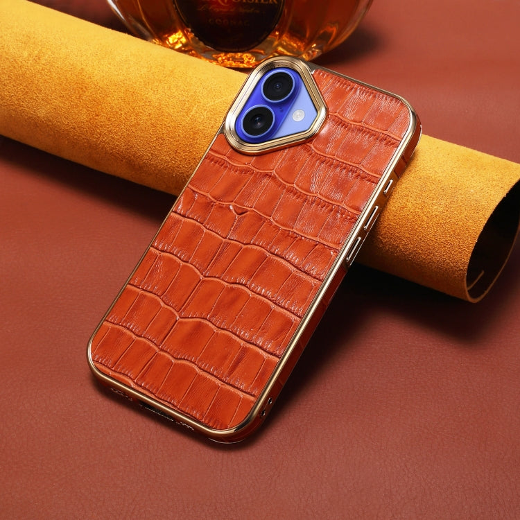 For iPhone 16 Denior Crocodile Texture Genuine Leather Electroplating Phone Case(Mocha Brown) - More iPhone Cases by Denior | Online Shopping South Africa | PMC Jewellery | Buy Now Pay Later Mobicred