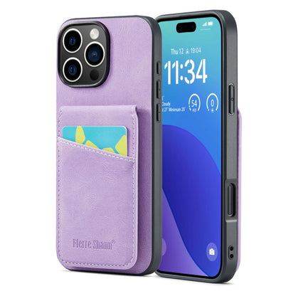 For iPhone 16 Pro Fierre Shann Crazy Horse Card Holder Back Cover PU Phone Case(Purple) - iPhone 16 Pro Cases by FIERRE SHANN | Online Shopping South Africa | PMC Jewellery | Buy Now Pay Later Mobicred