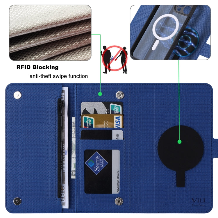 For iPhone 14 Plus ViLi GHB Series MagSafe Magnetic Zipper Leather Phone Case(Blue) - iPhone 14 Plus Cases by ViLi | Online Shopping South Africa | PMC Jewellery | Buy Now Pay Later Mobicred