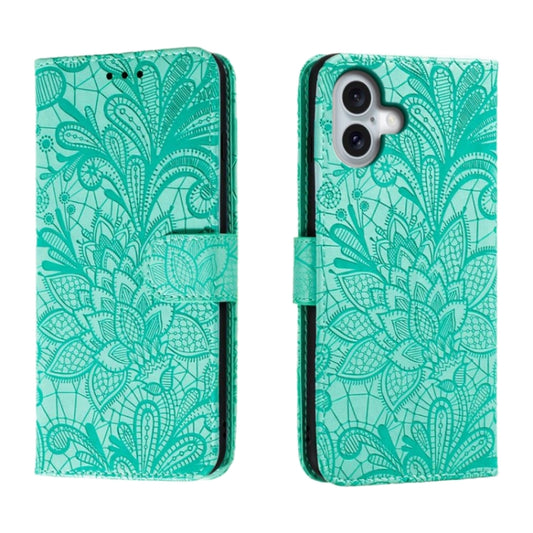 For iPhone 16 Plus Lace Flower Embossing Flip Leather Phone Case(Green) - iPhone 16 Plus Cases by PMC Jewellery | Online Shopping South Africa | PMC Jewellery | Buy Now Pay Later Mobicred