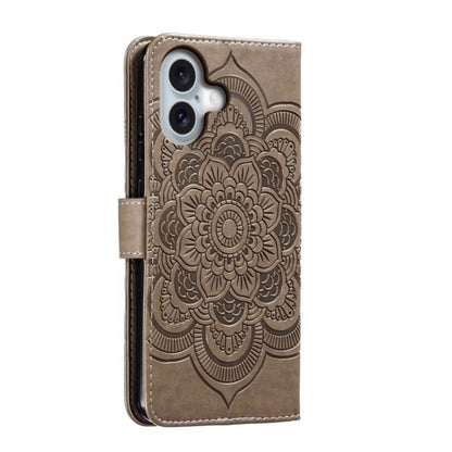 For iPhone 16 Mandala Embossing Pattern Horizontal Flip Leather Phone Case(Gray) - iPhone 16 Cases by PMC Jewellery | Online Shopping South Africa | PMC Jewellery | Buy Now Pay Later Mobicred