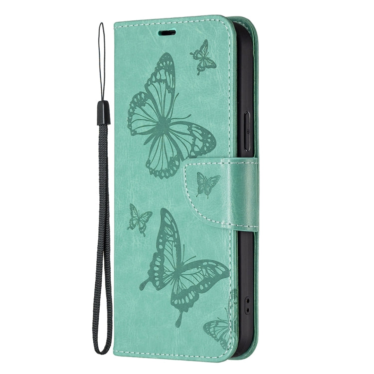 For Motorola Moto G14 4G Embossing Two Butterflies Pattern Leather Phone Case(Green) - Motorola Cases by PMC Jewellery | Online Shopping South Africa | PMC Jewellery | Buy Now Pay Later Mobicred