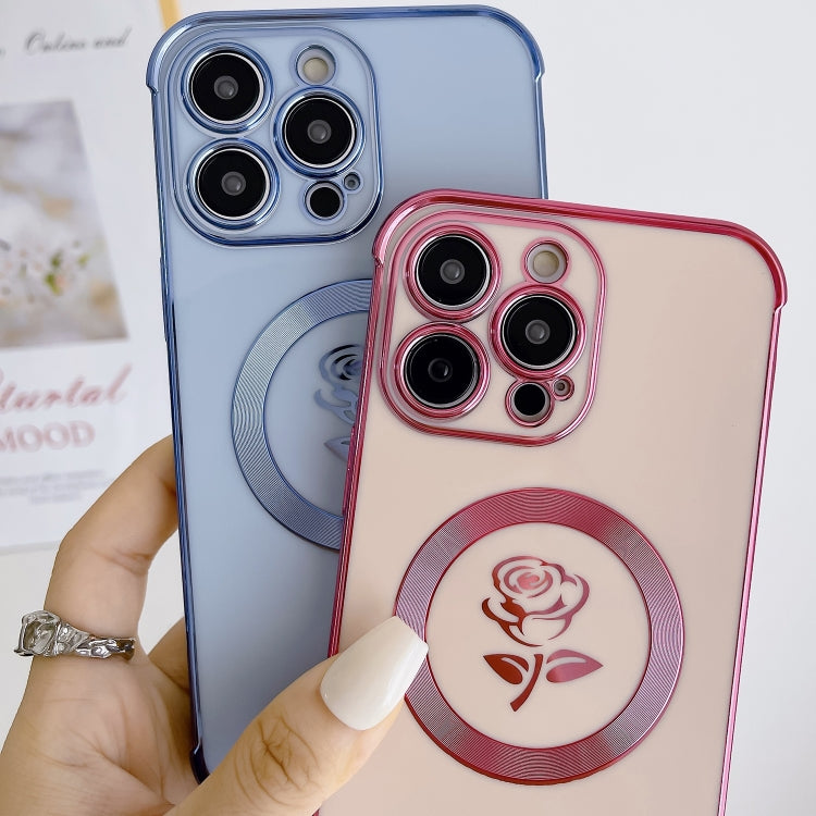 For iPhone 15 Pro Electroplate Side Roses Flower MagSafe Phone Case(Blue) - iPhone 15 Pro Cases by PMC TechLife | Online Shopping South Africa | PMC TechLife