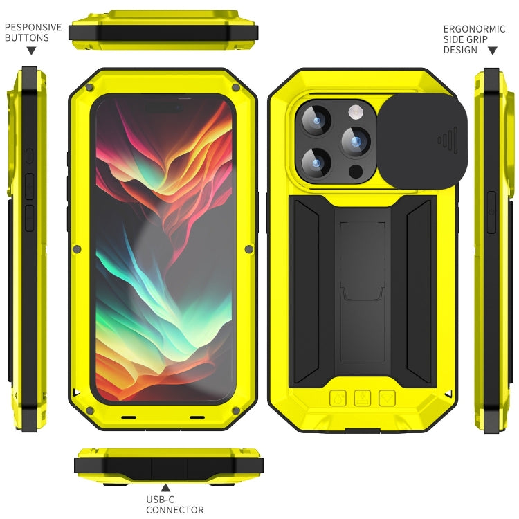 For iPhone 15 Pro Max R-JUST Sliding Camera IP54 Life Waterproof Holder Phone Case(Yellow) - free shipping - PMC TechLife - Order now!