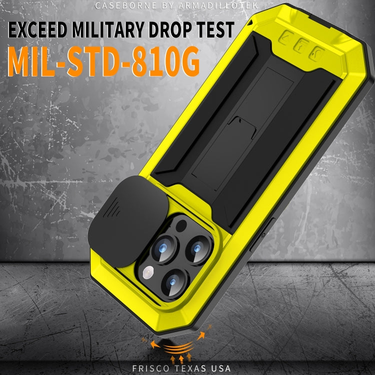 For iPhone 15 Pro Max R-JUST Sliding Camera IP54 Life Waterproof Holder Phone Case(Yellow) - free shipping - PMC TechLife - Order now!
