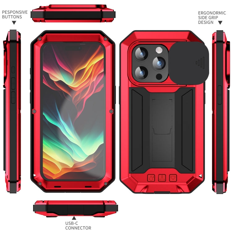 For iPhone 15 Pro R-JUST Sliding Camera IP54 Life Waterproof Holder Phone Case(Red) - free shipping - PMC TechLife - Order now!