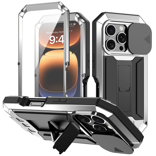 For iPhone 16 Pro R-JUST Sliding Camera IP54 Life Waterproof Holder Phone Case(Silver) - iPhone 16 Pro Cases by R-JUST | Online Shopping South Africa | PMC Jewellery | Buy Now Pay Later Mobicred