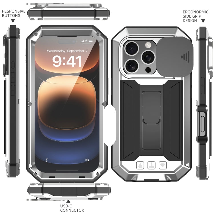 For iPhone 16 Pro Max R-JUST Sliding Camera IP54 Life Waterproof Holder Phone Case(Silver) - free shipping - PMC Jewellery - Order now!