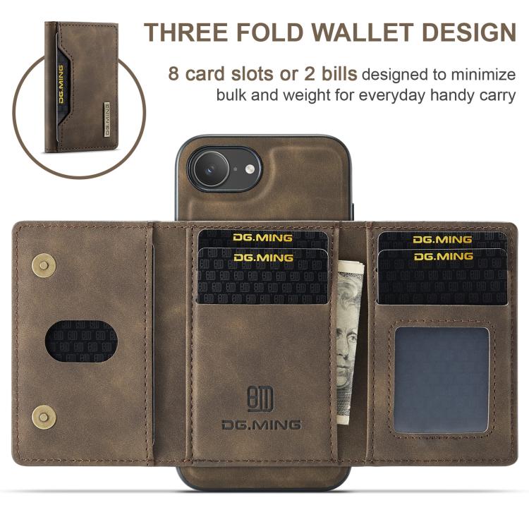 For iPhone 16e DG.MING M2 Series 3-Fold Card Bag Wallet Leather Phone Case(Coffee) - free shipping - PMc TechLife - Order now!