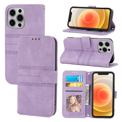 For iPhone 16 Pro Embossed Stripes Skin Feel Leather Phone Case(Light Purple) - iPhone 16 Pro Cases by PMC Jewellery | Online Shopping South Africa | PMC Jewellery | Buy Now Pay Later Mobicred