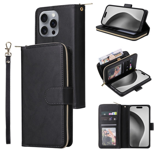 For iPhone 16 Pro Max 9 Card Slots Zipper Wallet Bag Leather Phone Case(Black) - iPhone 16 Pro Max Cases by PMC Jewellery | Online Shopping South Africa | PMC Jewellery | Buy Now Pay Later Mobicred