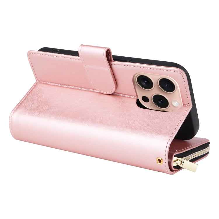 For iPhone 16 Pro 9 Card Slots Zipper Wallet Bag Leather Phone Case(Rose Gold) - iPhone 16 Pro Cases by PMC Jewellery | Online Shopping South Africa | PMC Jewellery | Buy Now Pay Later Mobicred