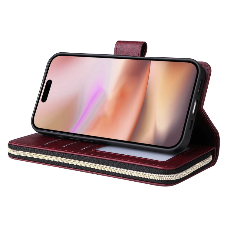 For iPhone 16 Plus 9 Card Slots Zipper Wallet Bag Leather Phone Case(Wine Red) - iPhone 16 Plus Cases by PMC Jewellery | Online Shopping South Africa | PMC Jewellery | Buy Now Pay Later Mobicred