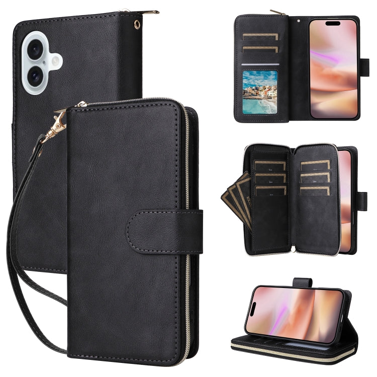 For iPhone 16 Plus 9 Card Slots Zipper Wallet Bag Leather Phone Case(Black) - iPhone 16 Plus Cases by PMC Jewellery | Online Shopping South Africa | PMC Jewellery | Buy Now Pay Later Mobicred