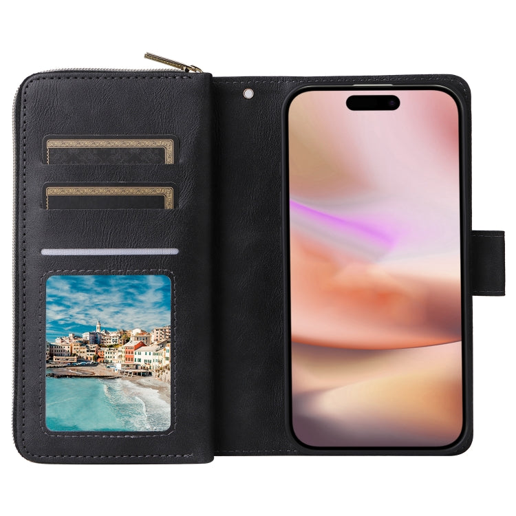 For iPhone 16 Plus 9 Card Slots Zipper Wallet Bag Leather Phone Case(Black) - iPhone 16 Plus Cases by PMC Jewellery | Online Shopping South Africa | PMC Jewellery | Buy Now Pay Later Mobicred