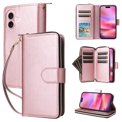 For iPhone 16 9 Card Slots Zipper Wallet Bag Leather Phone Case(Rose Gold) - iPhone 16 Cases by PMC Jewellery | Online Shopping South Africa | PMC Jewellery | Buy Now Pay Later Mobicred