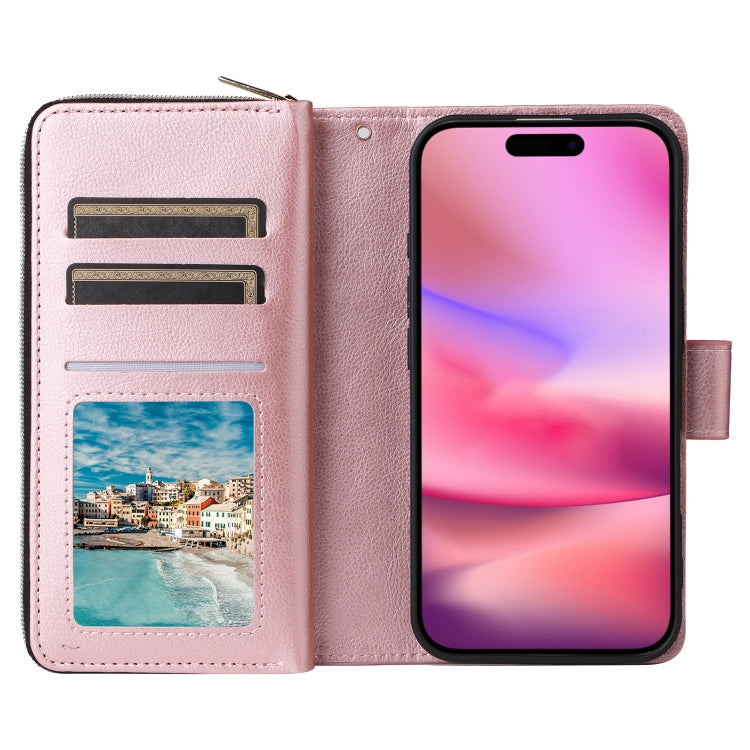 For iPhone 16 9 Card Slots Zipper Wallet Bag Leather Phone Case(Rose Gold) - free shipping - PMC Jewellery - Order now!