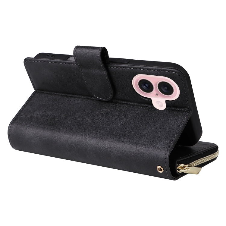 For iPhone 16 9 Card Slots Zipper Wallet Bag Leather Phone Case(Black) - iPhone 16 Cases by PMC Jewellery | Online Shopping South Africa | PMC Jewellery | Buy Now Pay Later Mobicred