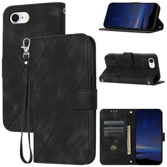 For iPhone SE 2024 Embossed Line Leather Phone Case with Lanyard(Black) - More iPhone Cases by PMC Jewellery | Online Shopping South Africa | PMC Jewellery | Buy Now Pay Later Mobicred