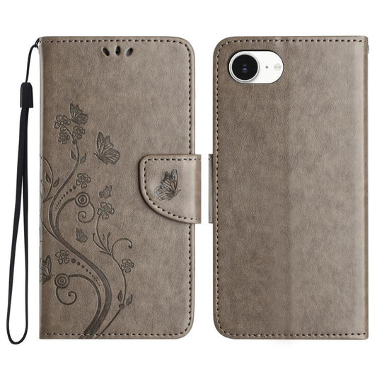 For iPhone 16e Butterfly Flower Pattern Flip Leather Phone Case(Grey) - iPhone 16e Cases by PMC Jewellery | Online Shopping South Africa | PMC Jewellery | Buy Now Pay Later Mobicred