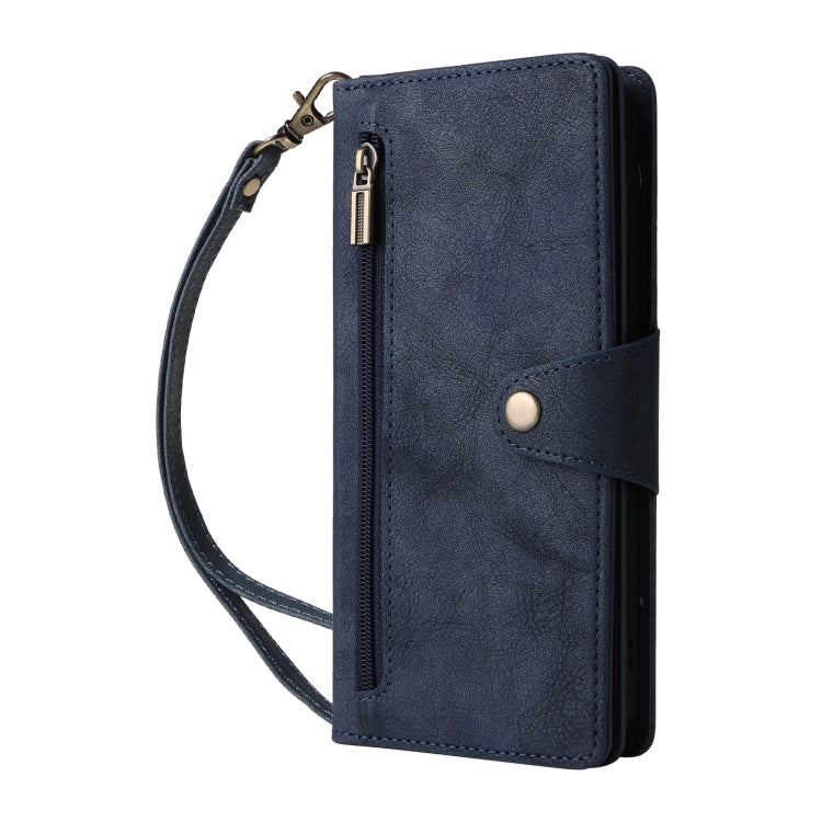 For Google Pixel 9 Pro Rivet Buckle 9 Cards Three Fold Leather Phone Case(Blue) - Google Cases by PMC Jewellery | Online Shopping South Africa | PMC Jewellery | Buy Now Pay Later Mobicred