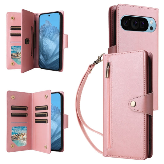 For Google Pixel 9 Rivet Buckle 9 Cards Three Fold Leather Phone Case(Rose Gold) - Google Cases by PMC Jewellery | Online Shopping South Africa | PMC Jewellery | Buy Now Pay Later Mobicred