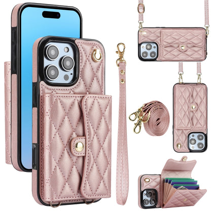 For iPhone 16 Pro Max Crossbody Rhombic Horizontal Wallet Leather Phone Case(Rose Gold) - iPhone 16 Pro Max Cases by PMC Jewellery | Online Shopping South Africa | PMC Jewellery | Buy Now Pay Later Mobicred