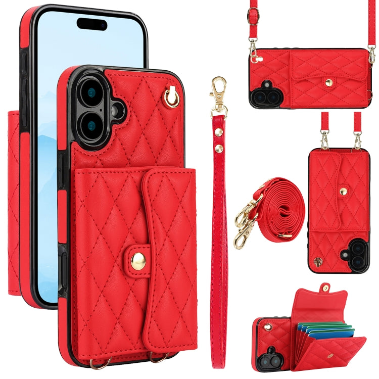 For iPhone 16 Crossbody Rhombic Horizontal Wallet Leather Phone Case(Red) - iPhone 16 Cases by PMC Jewellery | Online Shopping South Africa | PMC Jewellery | Buy Now Pay Later Mobicred