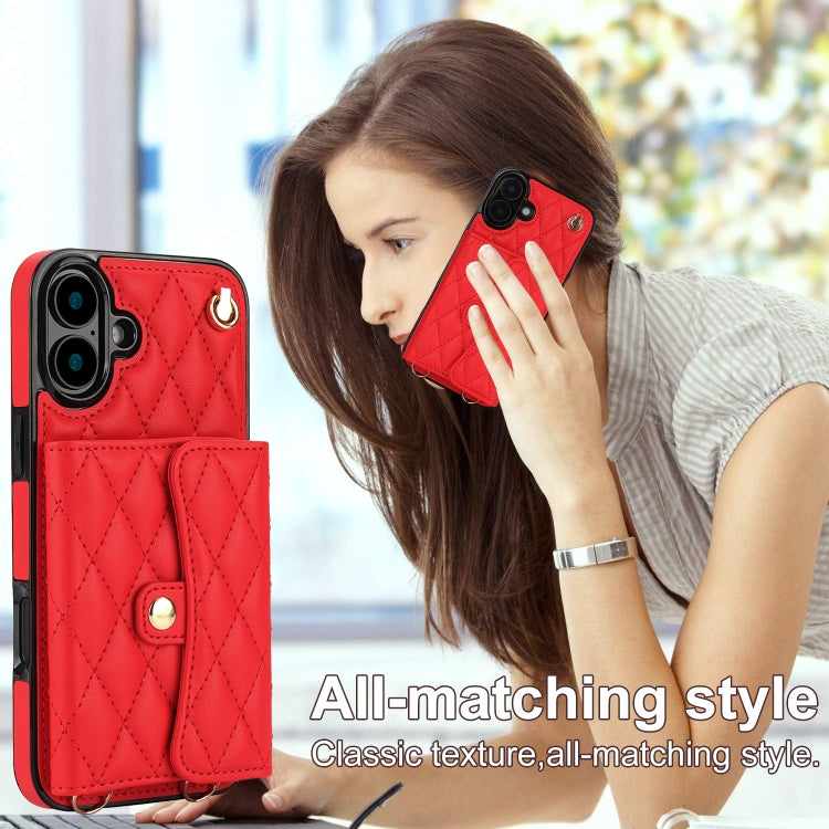 For iPhone 16 Crossbody Rhombic Horizontal Wallet Leather Phone Case(Red) - iPhone 16 Cases by PMC Jewellery | Online Shopping South Africa | PMC Jewellery | Buy Now Pay Later Mobicred