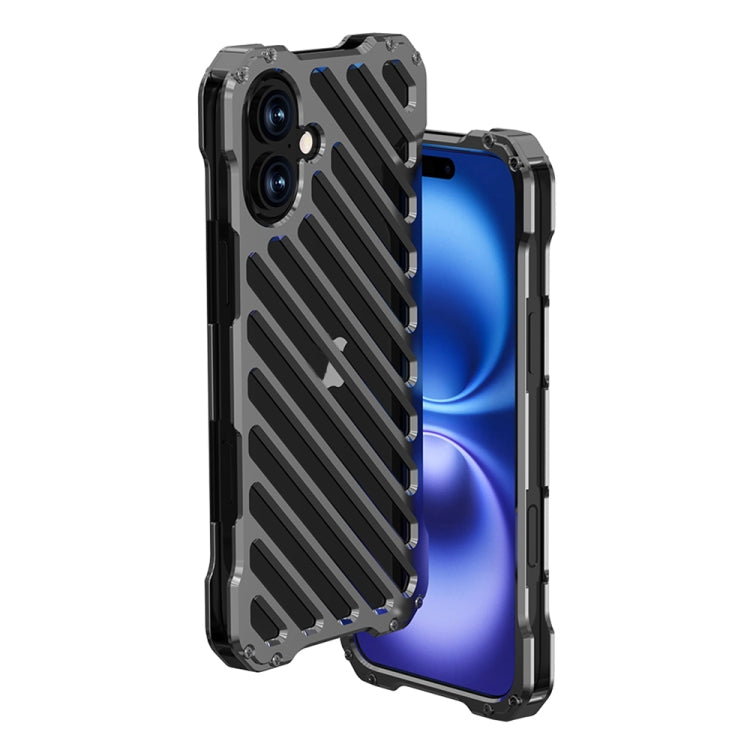 For iPhone 16 R-JUST RJ-50 Hollow Breathable Armor Metal Phone Case(Space Grey) - iPhone 16 Cases by R-JUST | Online Shopping South Africa | PMC Jewellery | Buy Now Pay Later Mobicred