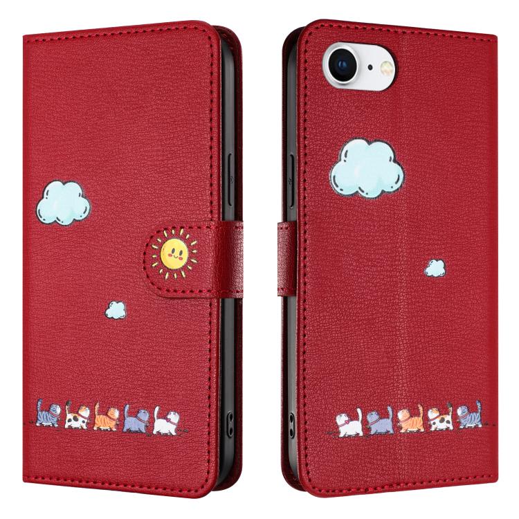 For iPhone 16e Cartoon Cats Leather Phone Case(Red) - iPhone 16e Cases by PMC TechLife | Online Shopping South Africa | PMC TechLife | Buy Now Pay Later Mobicred