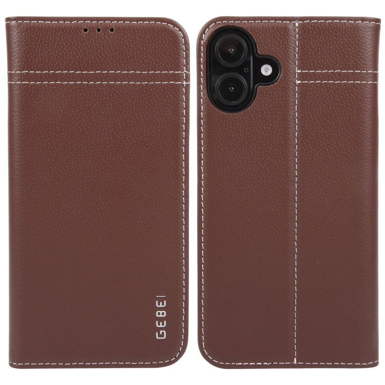 For iPhone 16 GEBEI Top-grain Horizontal Flip Leather Phone Case(Brown) - iPhone 16 Cases by GEBEI | Online Shopping South Africa | PMC Jewellery | Buy Now Pay Later Mobicred