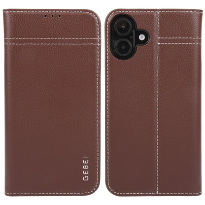 For iPhone 16 GEBEI Top-grain Horizontal Flip Leather Phone Case(Brown) - iPhone 16 Cases by GEBEI | Online Shopping South Africa | PMC Jewellery | Buy Now Pay Later Mobicred