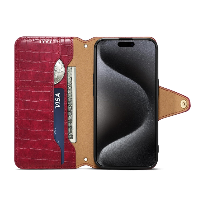 For iPhone 16 Plus Denior Crocodile Texture Oil Edge Leather Phone Case(Rose Red) - iPhone 16 Plus Cases by Denior | Online Shopping South Africa | PMC Jewellery | Buy Now Pay Later Mobicred