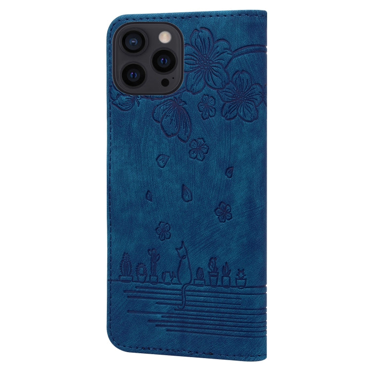 For iPhone 16 Pro Cartoon Sakura Cat Embossed Leather Phone Case(Royal Blue) - iPhone 16 Pro Cases by PMC Jewellery | Online Shopping South Africa | PMC Jewellery | Buy Now Pay Later Mobicred