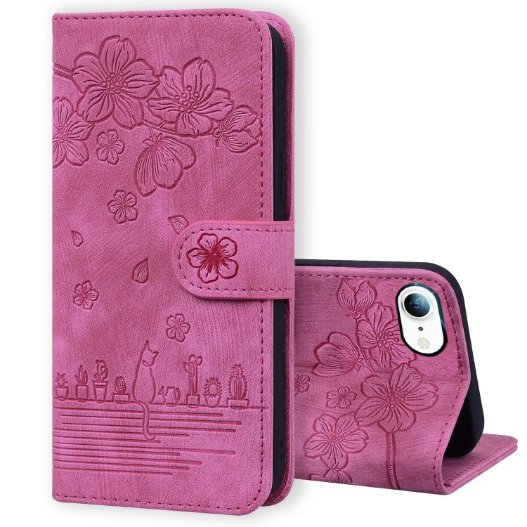 For iPhone 16e Cartoon Sakura Cat Embossed Leather Phone Case(Rose Red) - iPhone 16e Cases by PMC TechLife | Online Shopping South Africa | PMC TechLife | Buy Now Pay Later Mobicred