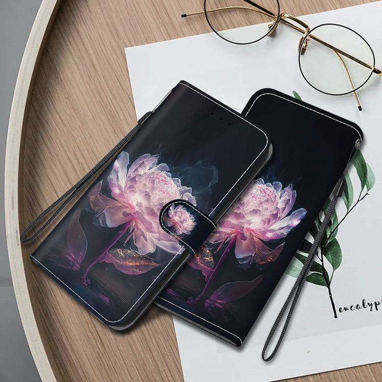For Google Pixel 9 Crystal Texture Colored Drawing Leather Phone Case(Purple Peony) - Google Cases by PMC TechLife | Online Shopping South Africa | PMC TechLife | Buy Now Pay Later Mobicred