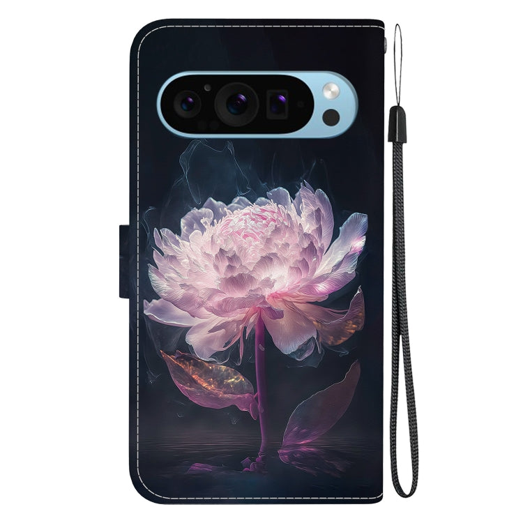 For Google Pixel 9 Crystal Texture Colored Drawing Leather Phone Case(Purple Peony) - Google Cases by PMC TechLife | Online Shopping South Africa | PMC TechLife | Buy Now Pay Later Mobicred