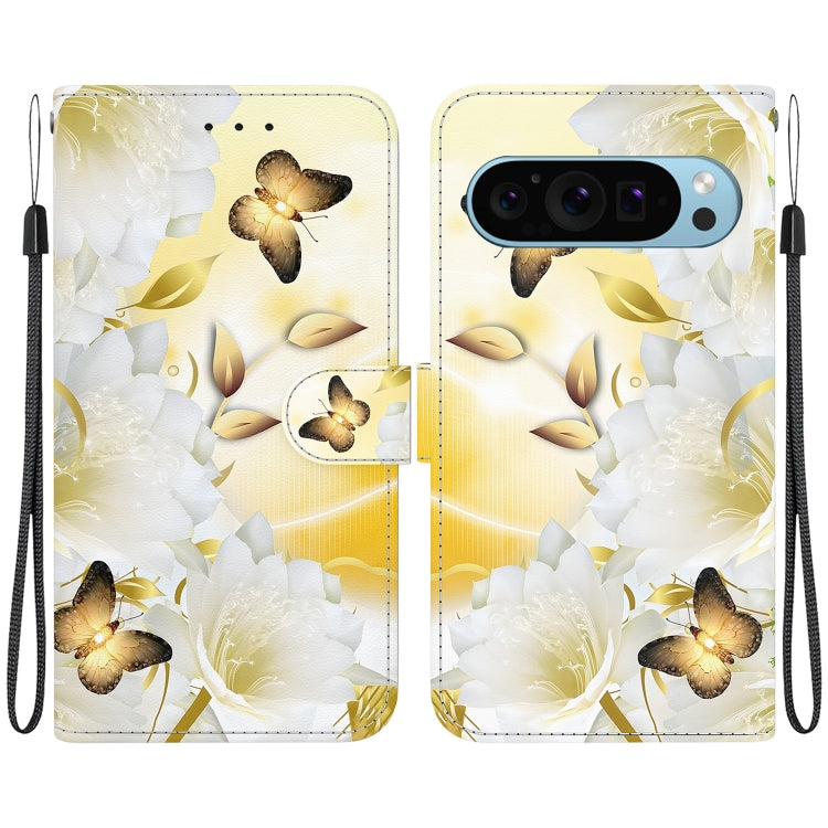 For Google Pixel 9 Crystal Texture Colored Drawing Leather Phone Case(Gold Butterfly Epiphyllum) - Google Cases by PMC TechLife | Online Shopping South Africa | PMC TechLife | Buy Now Pay Later Mobicred