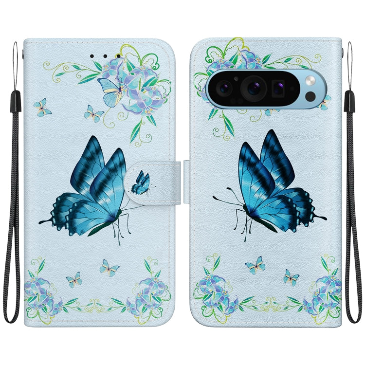 For Google Pixel 9 Crystal Texture Colored Drawing Leather Phone Case(Blue Pansies) - Google Cases by PMC TechLife | Online Shopping South Africa | PMC TechLife | Buy Now Pay Later Mobicred