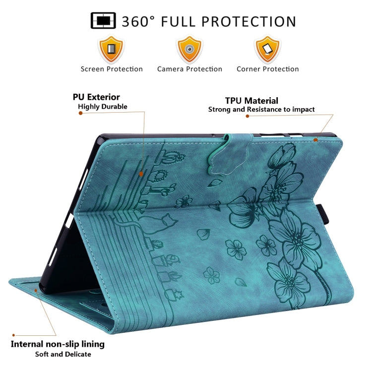 For Samsung Galaxy Tab S9 /S8 /S7 Cartoon Sakura Cat Embossed Smart Leather Tablet Case(Green) - Galaxy Tab S9 Cases by PMC Jewellery | Online Shopping South Africa | PMC Jewellery | Buy Now Pay Later Mobicred